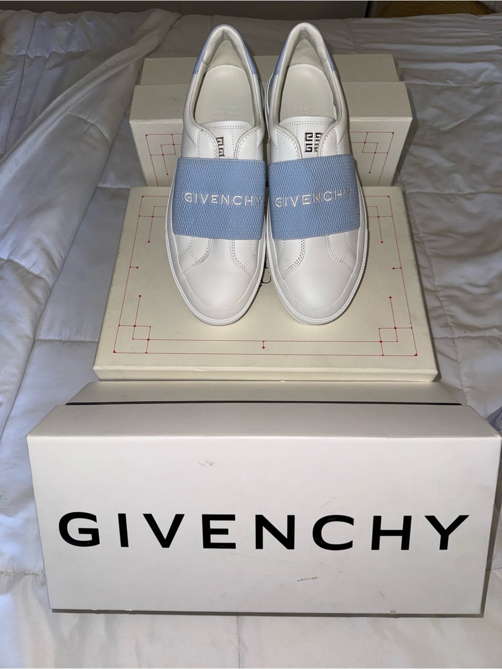 Givenchy White Leather Sneakers with Light Blue Logo Elastic